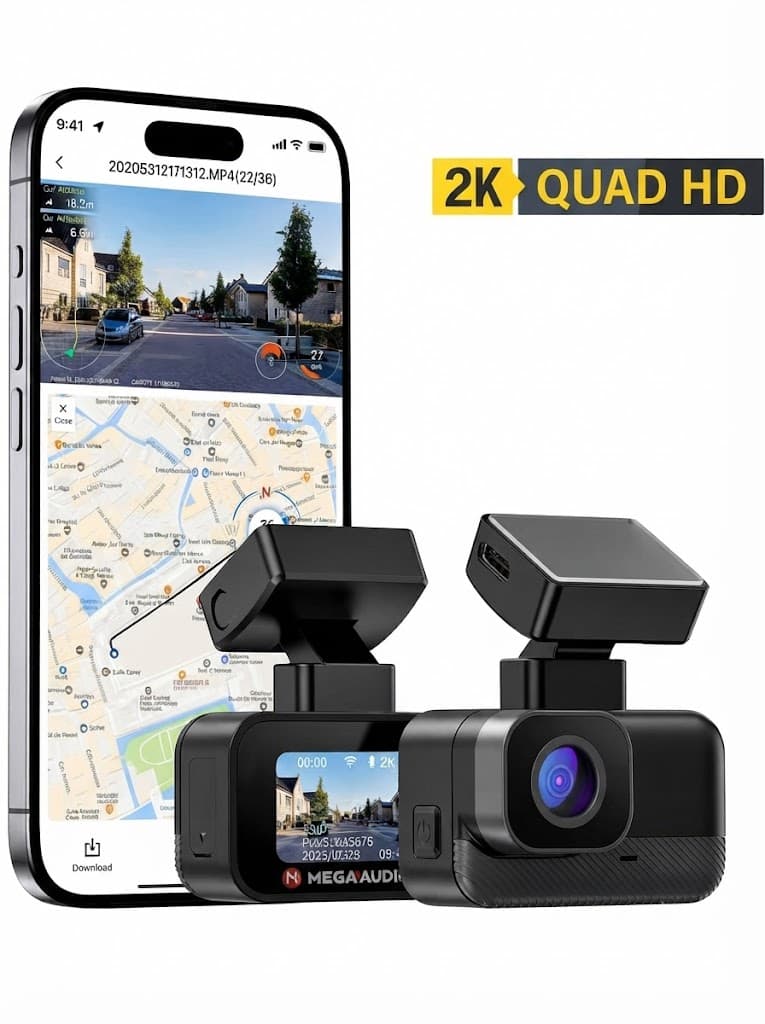 MEGAAUDIO 2K DashCam 1.47″ Display with WiFi, G-Sensor, 32GB Card & App Support 2