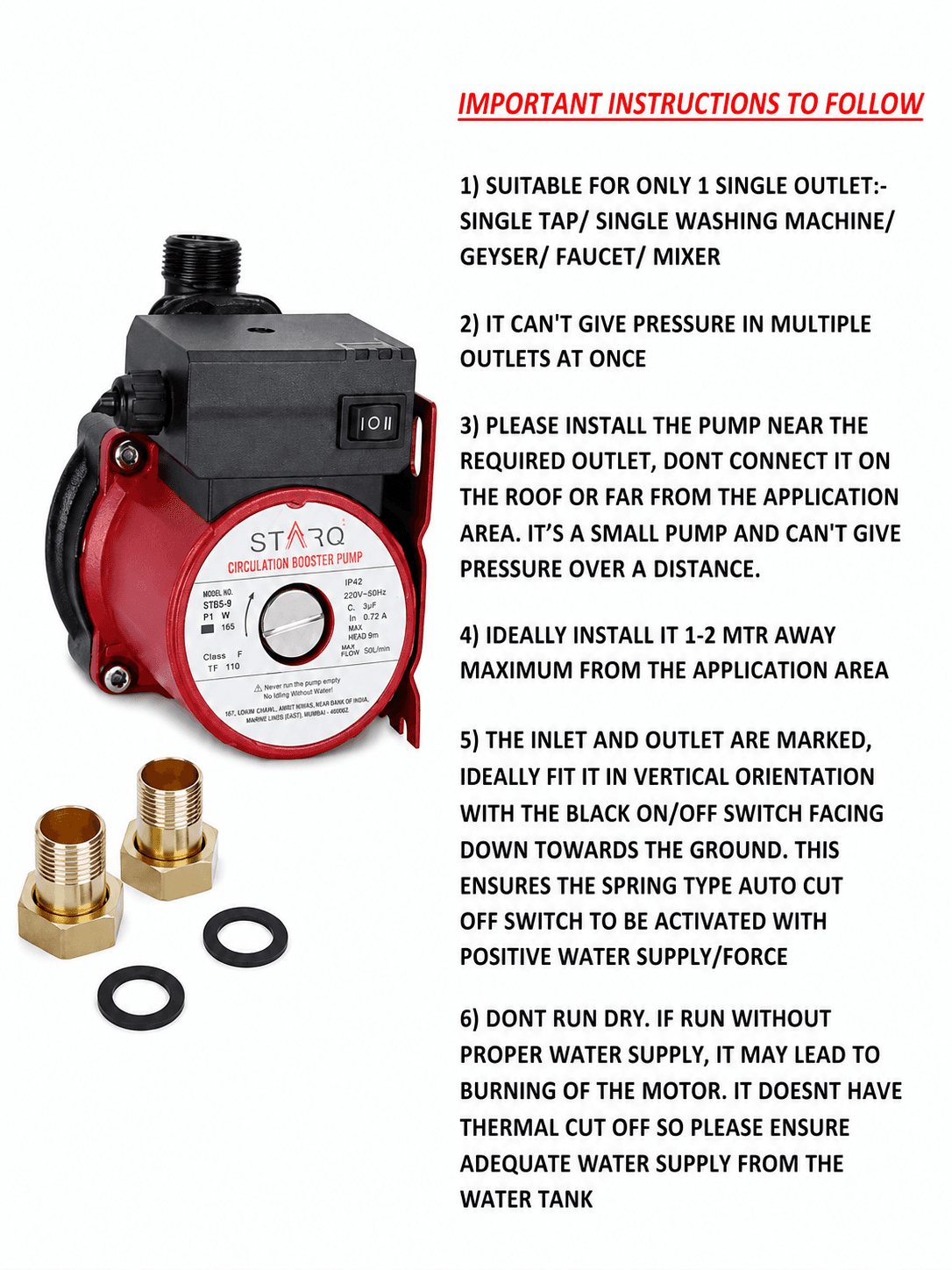STARQ ST165-9 Inline Automatic Water Pressure Pump With Wall Mounting Bracket (RED) 2