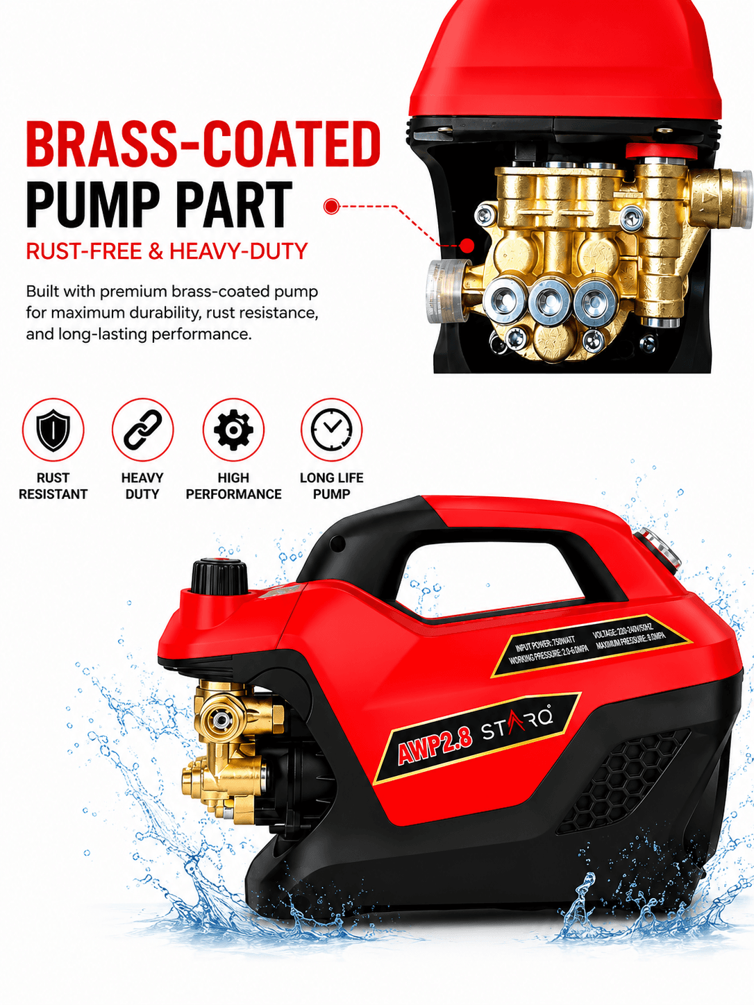 STARQ AWP 2.8 High Pressure Washer 2800W | 350 Bar | 12L/Min Flow | 8M Hose Pipe | Portable Car, Bike & Home Cleaner with Pressure Control Knob 2