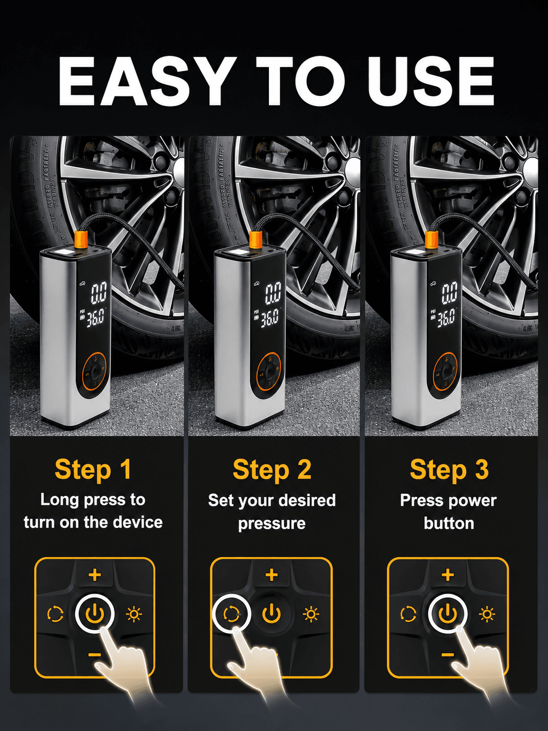 STARQ Inflate Pro Max Portable 2in1 Tyre Inflator/Air Compressor with Digital Display|8000mAh Battery|for Cars, Motorcycles, Bicycles, Football| Upto 150 Psi| Flash Light|Power Bank 3