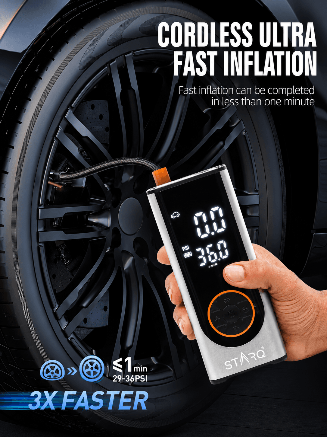 STARQ Inflate Pro Max Portable 2in1 Tyre Inflator/Air Compressor with Digital Display|8000mAh Battery|for Cars, Motorcycles, Bicycles, Football| Upto 150 Psi| Flash Light|Power Bank 4