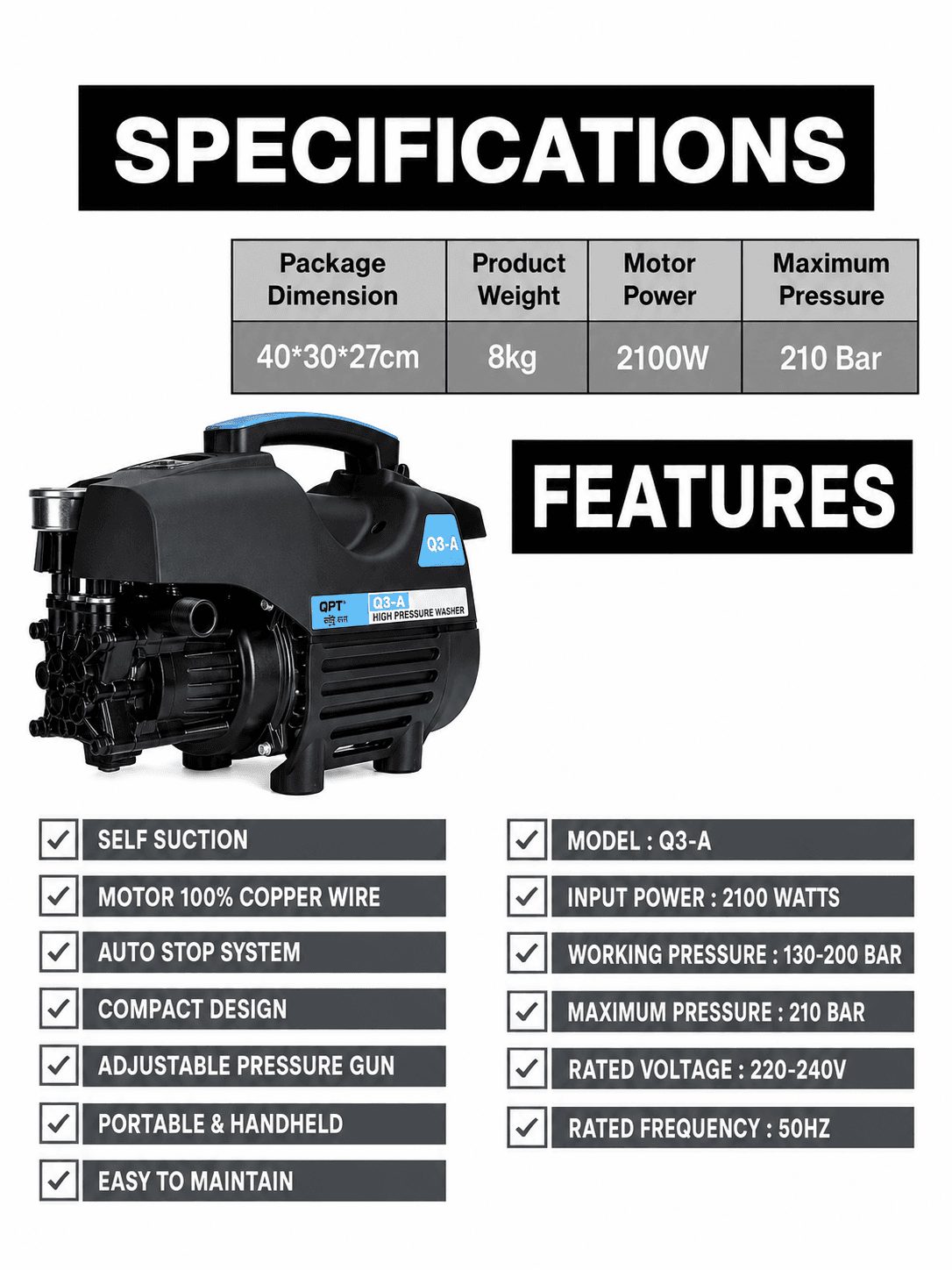 QPT by STARQ 2100W High Pressure Washer 150-180Bar Q3-A 3