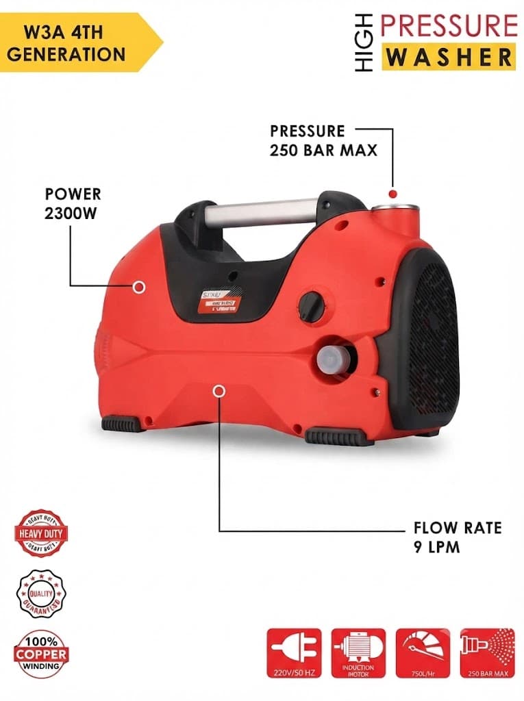 STARQ W3A 4TH Generation I 2300W I 250 Bar I Heavy Duty High Pressure Car Washer I Red (Standard) 5