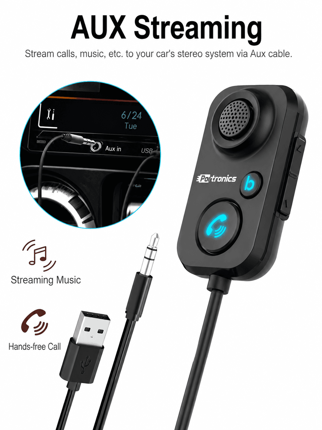 Auto 12
Car Bluetooth Receiver | 3.5mm AUX Connector | USB Port Powered | Call Button 4