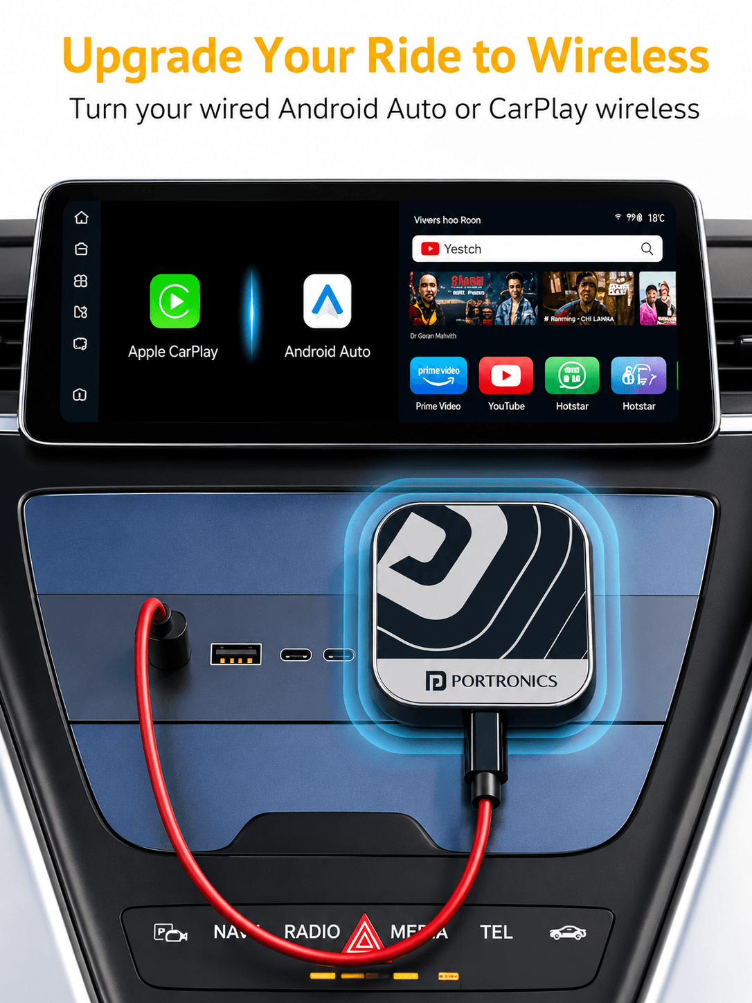 Tune Plus
CarPlay/Android Auto Adapter with Inbuilt YouTube & Netflix | Converts Wired to Wireless | USB A & Type-C Compatible | 3 GB RAM + 32 GB ROM 3
