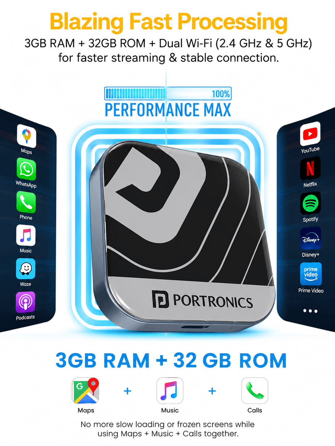 Tune Plus
CarPlay/Android Auto Adapter with Inbuilt YouTube & Netflix | Converts Wired to Wireless | USB A & Type-C Compatible | 3 GB RAM + 32 GB ROM 4