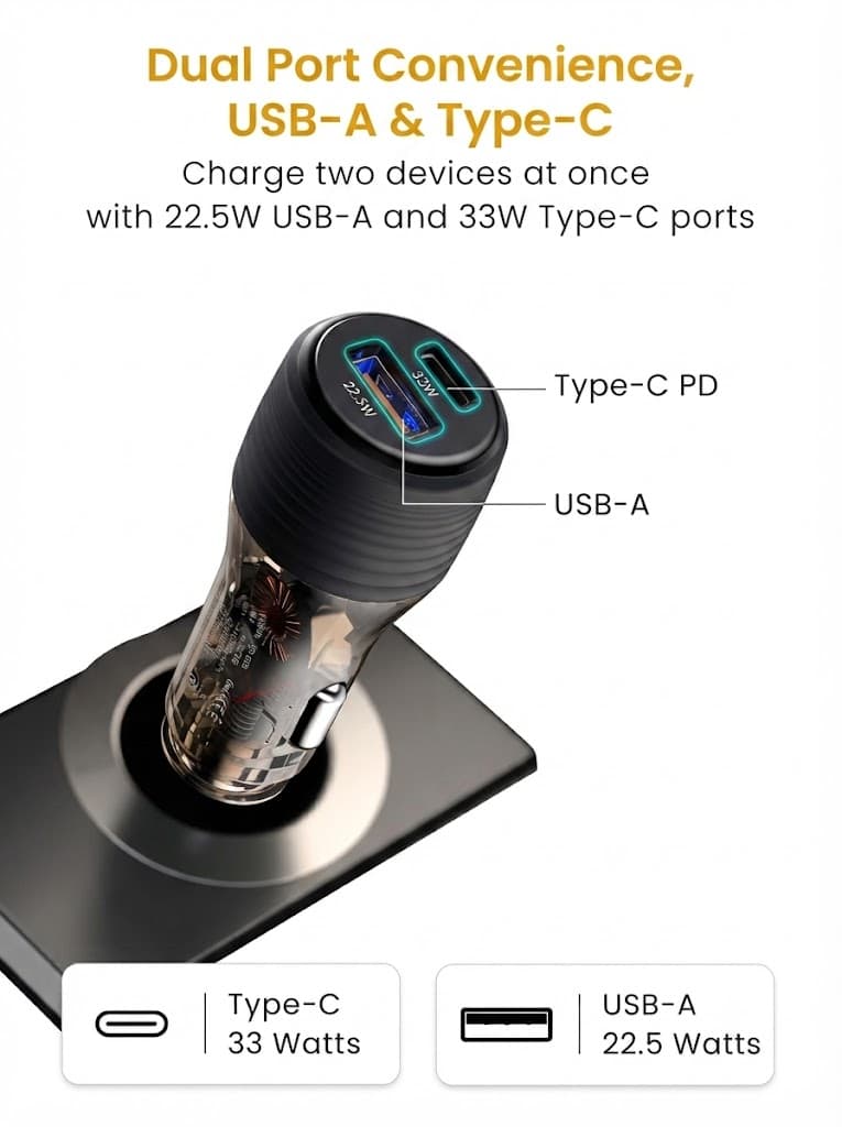Portronics Car Power View Plus 55.5W Transparent Car Charger, Dual Port Fast Car Charger with 33W Type-C PD & 22.5W USB-A, Charge 2 Devices Simultaneously, for Smartphones, iPhones, Tablets, Earbuds 3