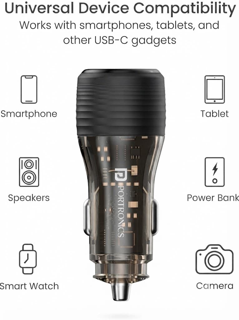 Portronics Car Power View Plus 55.5W Transparent Car Charger, Dual Port Fast Car Charger with 33W Type-C PD & 22.5W USB-A, Charge 2 Devices Simultaneously, for Smartphones, iPhones, Tablets, Earbuds 4