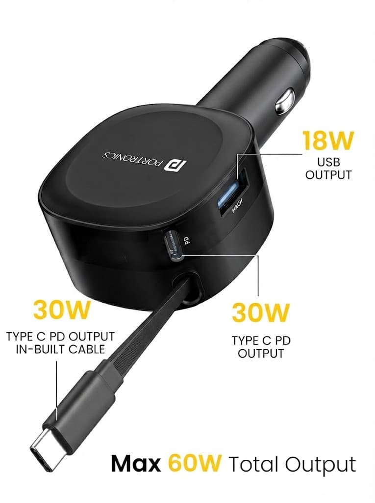 Portronics Car Power Flexo, 3-in-1 60W Car Charger, Retractable Cable (30W Type-C PD), Dual Port (18W USB Type-A,30W Type-C), for Power Bank, Phones, Tablets, Earbuds (Black) 2
