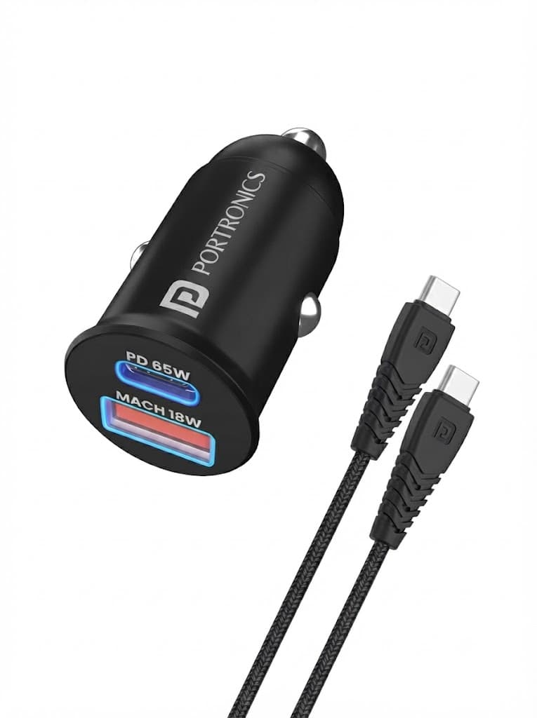 Portronics 65 Watts Car Power 65 Dual Output Fast Car Charger with 100W Type-C Cable (2m), 65W Type-C PD & 18W USB, Charging Adapter Compatible with Cars for iPhone & Android Smartphone, Laptop(Black) 2