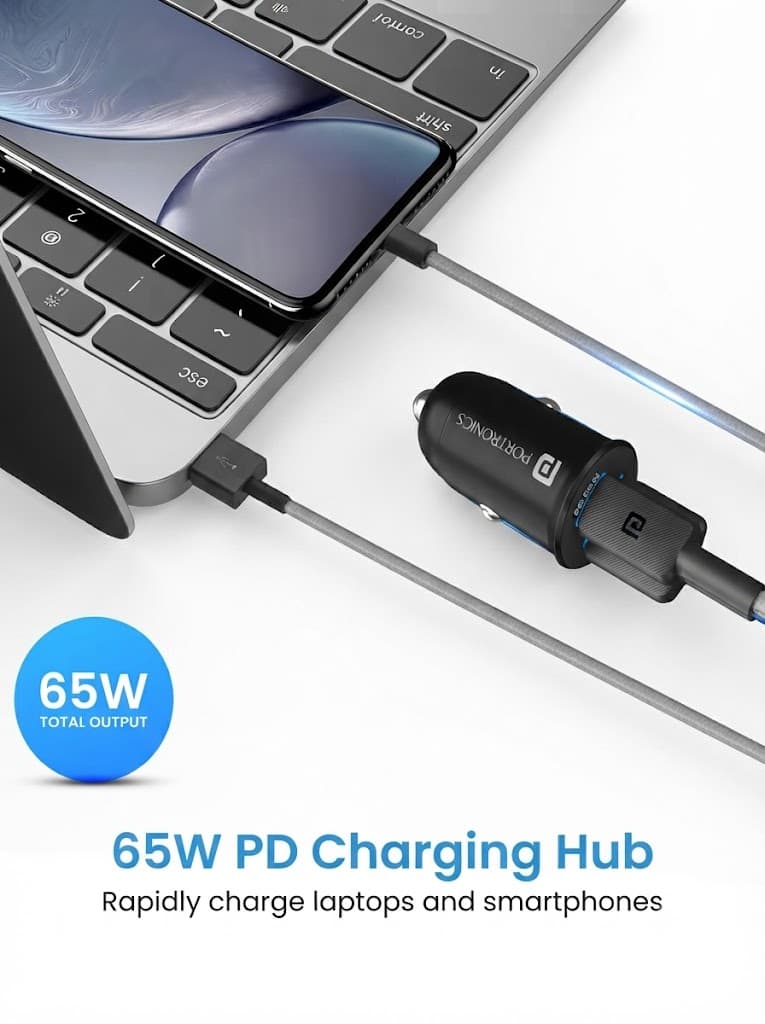 Portronics 65 Watts Car Power 65 Dual Output Fast Car Charger with 100W Type-C Cable (2m), 65W Type-C PD & 18W USB, Charging Adapter Compatible with Cars for iPhone & Android Smartphone, Laptop(Black) 4