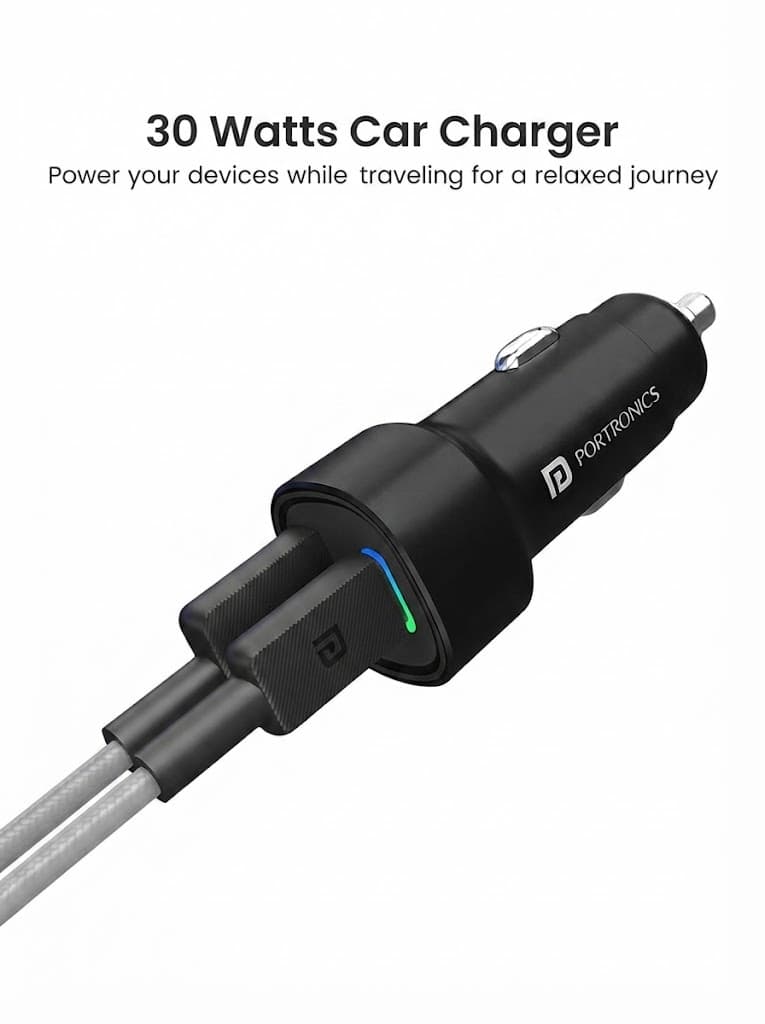 Portronics Car Power 30 Dual Output Fast Car Charger with 30W Type-C PD & 30W USB, LED Indicator, Charging Adapter Compatible with Cars for iPhone & Android Smartphone, Smartwatch(Black) 2