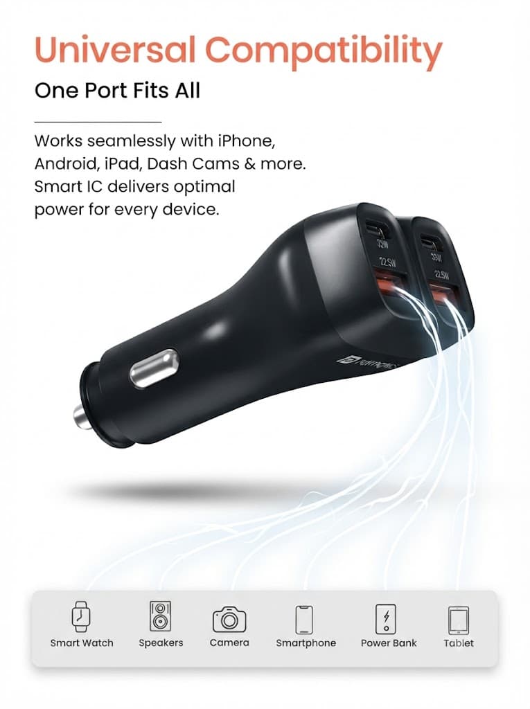 Portronics Car Power Quard 111W Car Charger, 4 Ports Fast Car Charger, Dual 33W Type-C PD, Dual 22.5W USB-A, Charge 4 Devices Simultaneously, for Smartphones, iPhones, Tablets, Earbuds & More 4