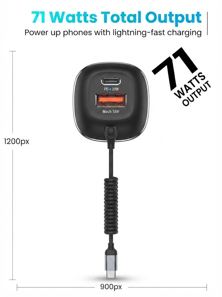 Portronics 71W Car Power 1C Triple Output Fast Car Charger with 33W Type-C Cable, 20W Type-C PD, 18W USB Port, Fast Charging Adapter Compatible with Cars for iPhone & Android Smartphone (Black) 2