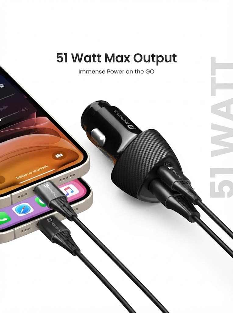 Portronics 51W Car Power 16 Fast Car Charger with Dual Output, 51 Watts Total (18W USB + 33W Type C PD), Fast Charging, Adapter for iPhone & Android Smartphones and Tablets (Black) 2