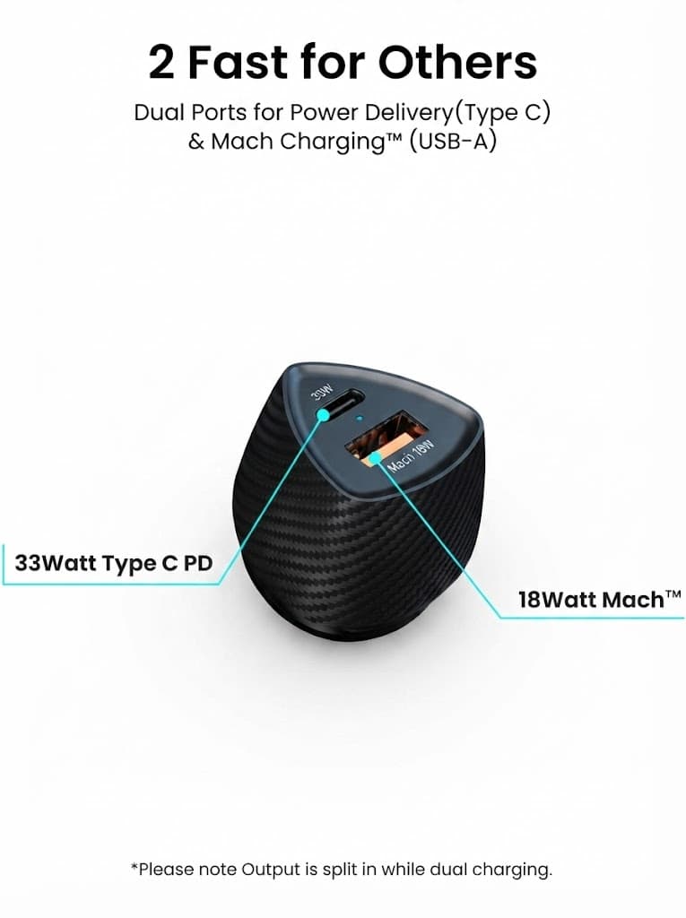 Portronics 51W Car Power 16 Fast Car Charger with Dual Output, 51 Watts Total (18W USB + 33W Type C PD), Fast Charging, Adapter for iPhone & Android Smartphones and Tablets (Black) 3