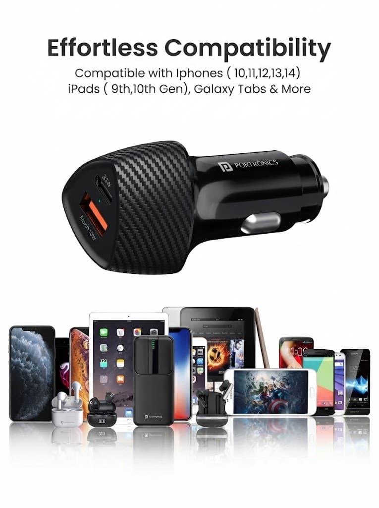 Portronics 51W Car Power 16 Fast Car Charger with Dual Output, 51 Watts Total (18W USB + 33W Type C PD), Fast Charging, Adapter for iPhone & Android Smartphones and Tablets (Black) 5