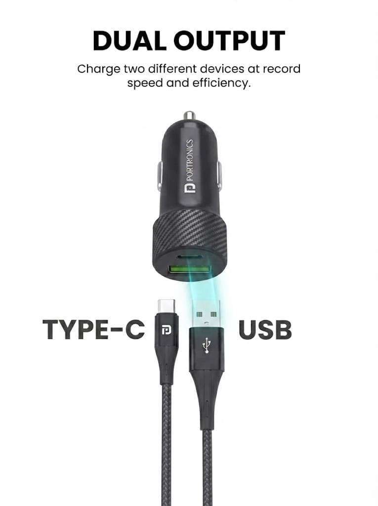 Portronics 20W Car Power 7 Car Charger with Dual Output (Type-C PD + USB), Fast Charging, Adapter Compatible for Most Cars & Cellular Phones (Black) 3