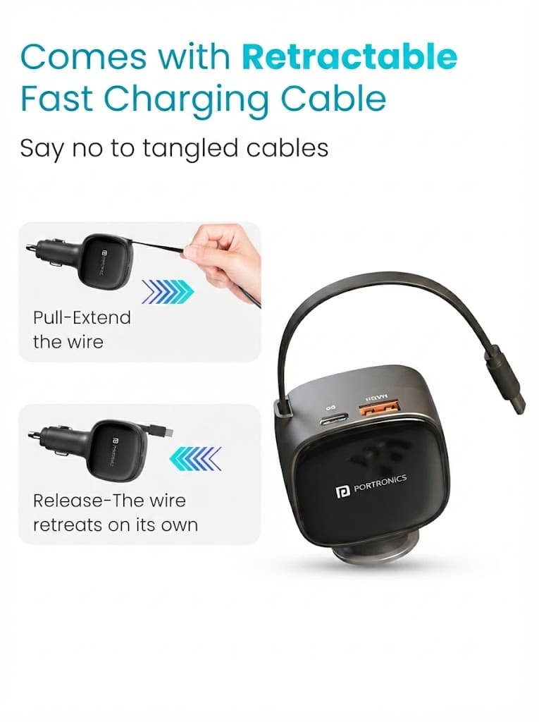 Portronics Car Power Retracto 84W 3 in 1 Car Charger, 80 cm Retractable Cable (33W Type-C PD), Dual Port (18W USB Type-A & 33W Type-C) for Laptop, Android, iPhone, Earbuds and More (Black) 3