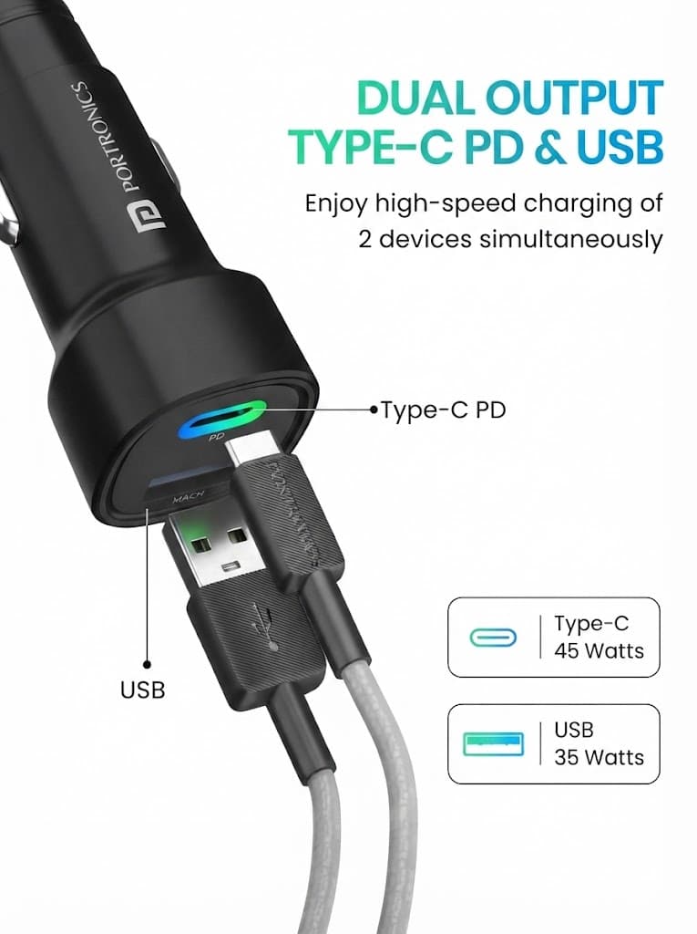 Portronics 80W Dual Output Fast Car Charger with Type-C PD & USB, LED Indicator, Charging Adapter Compatible with Cars for iPhone & Android Smartphone, Smartwatch, Earbud, Power Bank (Black) 3