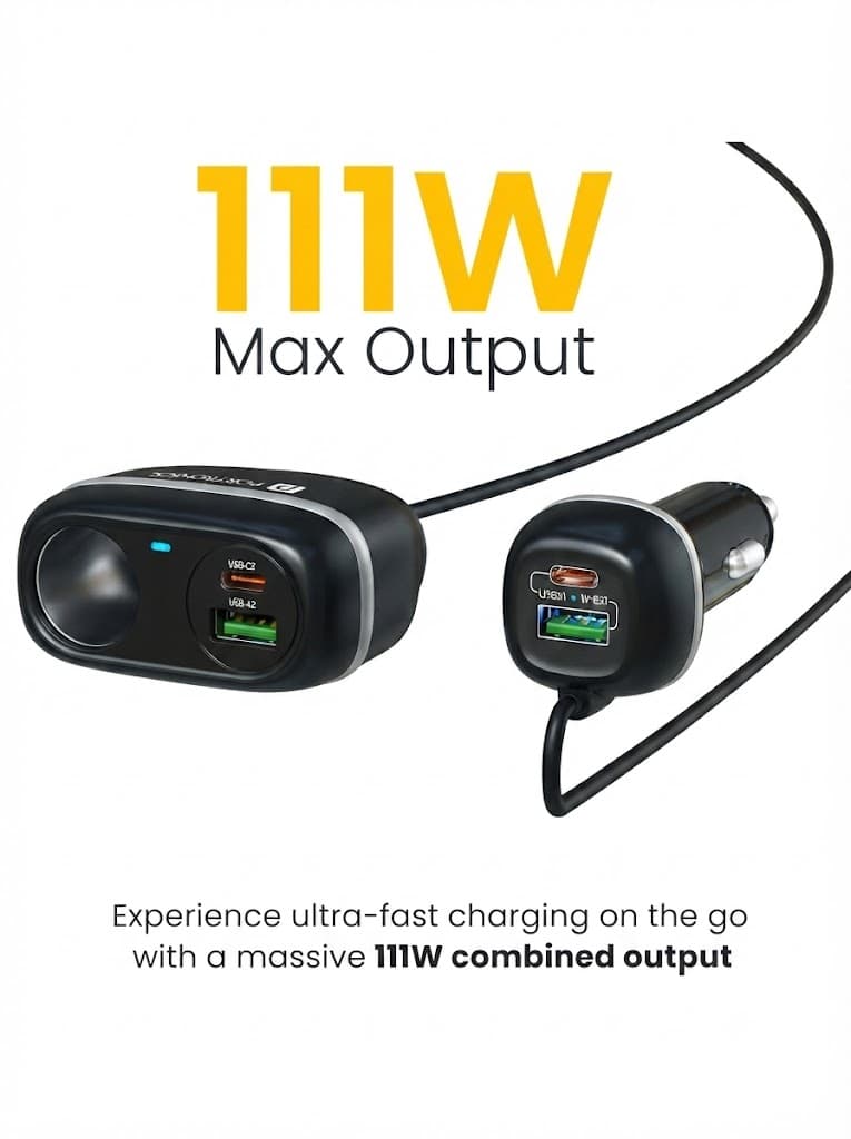 Portronics Car Power Trail 111W Car Charger, 4 Port Fast Car Charger, Dual 30W Type-C PD, Dual 22.5W USB-A, Front&Back Seat Charging with Cigarette Lighter Socket, Car Travel Essentials for Road Trips 2