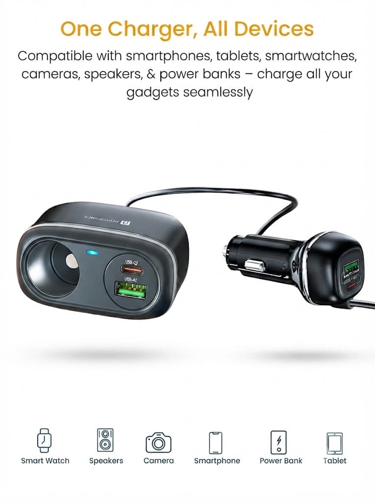 Portronics Car Power Trail 111W Car Charger, 4 Port Fast Car Charger, Dual 30W Type-C PD, Dual 22.5W USB-A, Front&Back Seat Charging with Cigarette Lighter Socket, Car Travel Essentials for Road Trips 5
