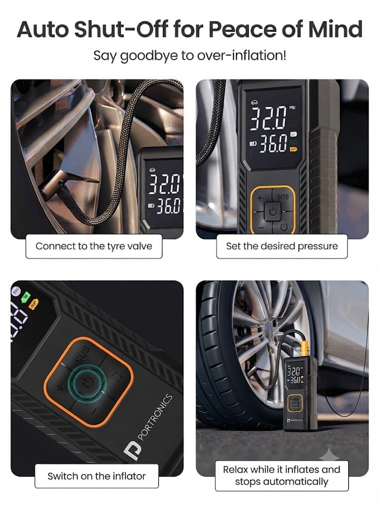 Vayu 9.0
Portable & Rechargeable Tyre Inflator | Type-C Fast Charging | LED Display | Auto Shut-Off | For Car, Bike & Sports Balls 3