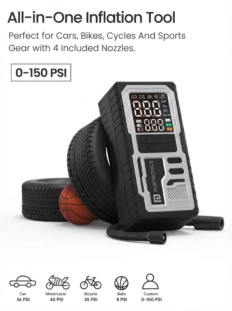Vayu 10
Portable & Rechargeable Tyre Inflator | Type-C Fast Charging | LED Display | Auto Shut-Off | For Car, Bike & Sports Balls 2