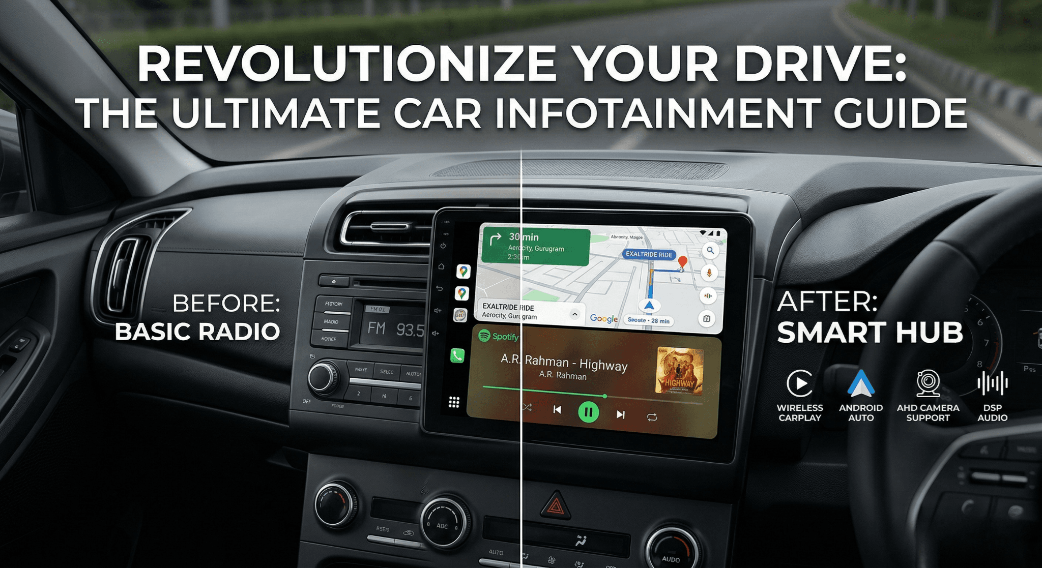 Car dashboard and infotainment system hero image